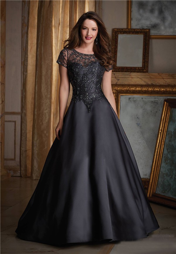 Elegant A Line Black Satin Tulle Beaded Formal Occasion Evening Dress With Short Sleeves - Click42