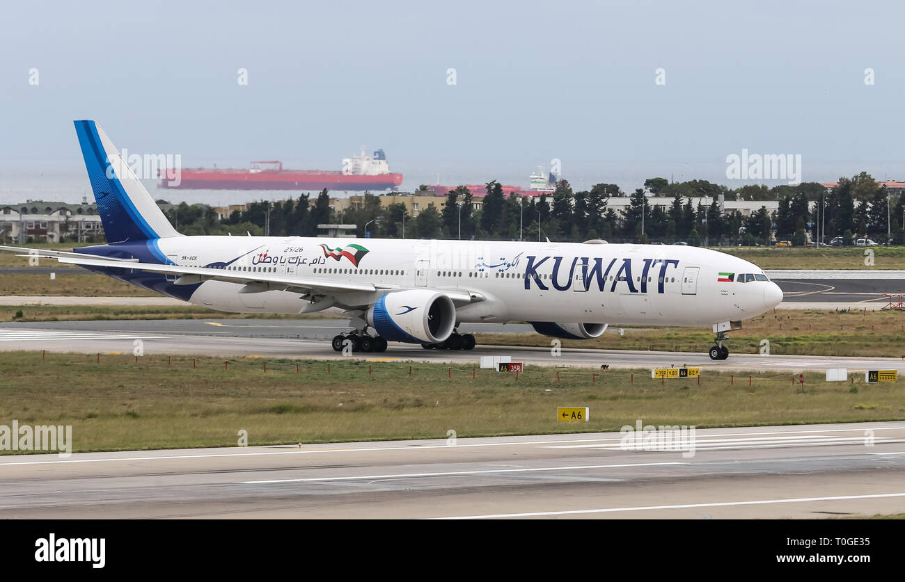 istanbul turkey september 30 2018 kuwait airways boeing 777 369er cn 62568 takes off from istanbul ataturk airport kuwait airways has 27 fleet T0GE35 - Click42